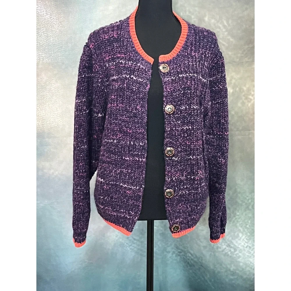 Free People Walk on By Purple Space Dye Wool Blend Chunky Knit Cardigan Large - Picture 2 of 9